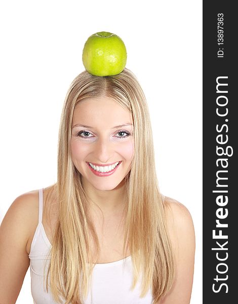 Caucasian blond woman with apple on isolated background. Caucasian blond woman with apple on isolated background