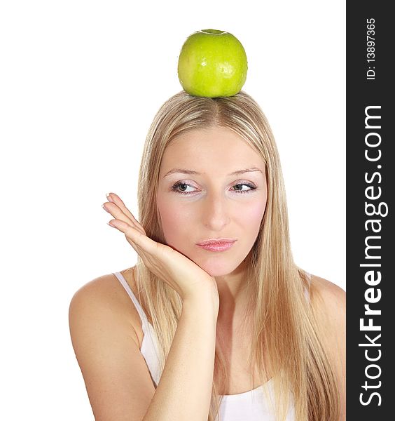 Caucasian blond woman holding apples