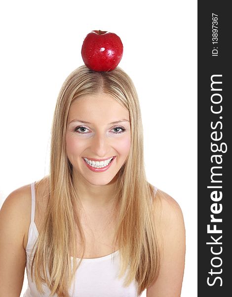Caucasian blond woman with apple on isolated background. Caucasian blond woman with apple on isolated background