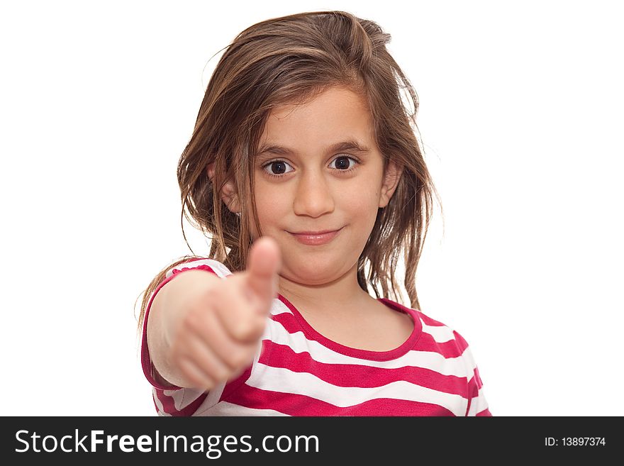 Small girl doing an approval sign on a white background. Small girl doing an approval sign on a white background