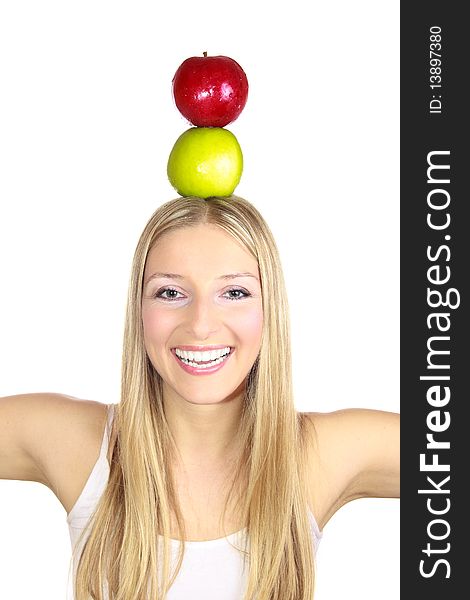 Caucasian blond woman holding apples