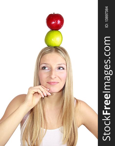 Caucasian blond woman with apple on isolated background. Caucasian blond woman with apple on isolated background