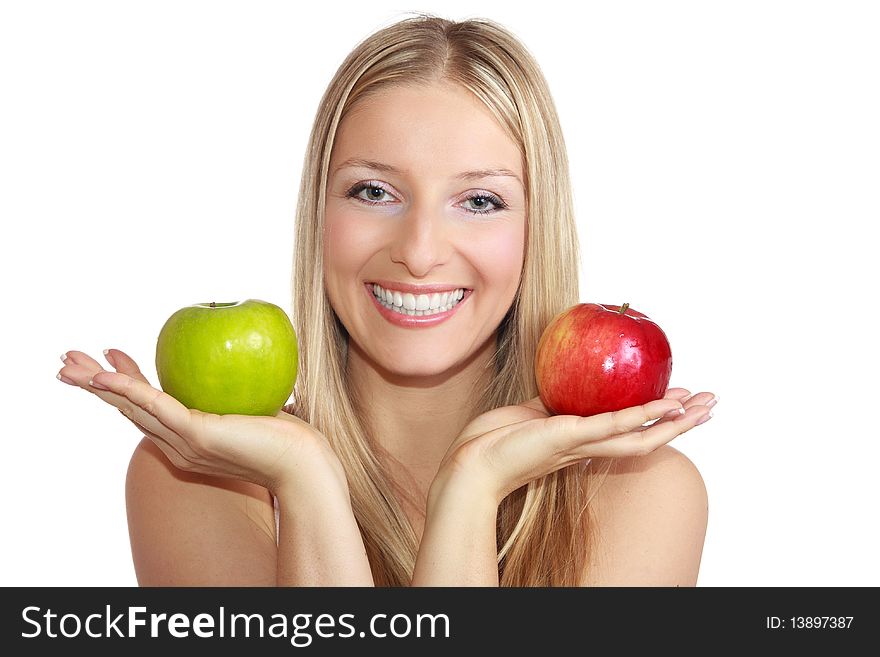 Caucasian blond woman with apple on isolated background. Caucasian blond woman with apple on isolated background