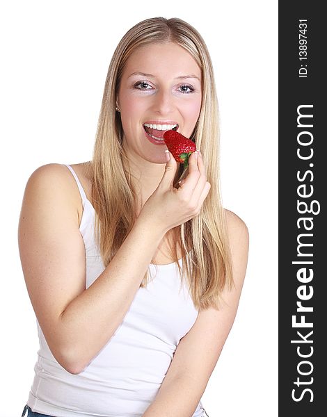 Caucasian girl with strawberry on white isolated background