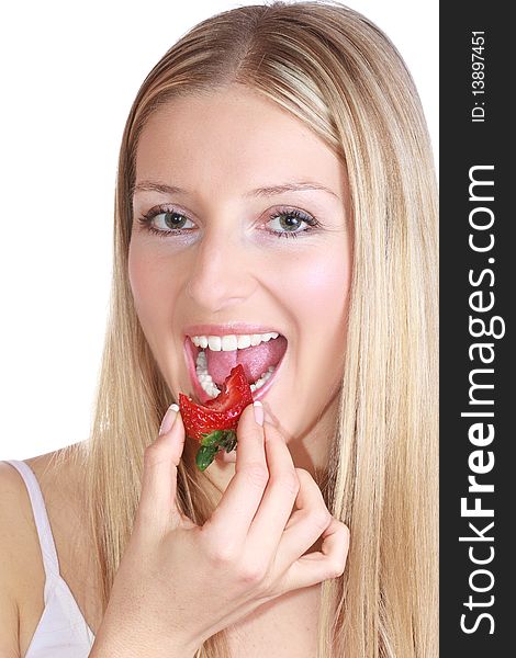 Caucasian girl with strawberry on white isolated background