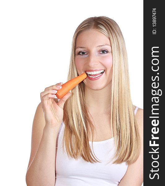 Girl with carrot on white isolated background