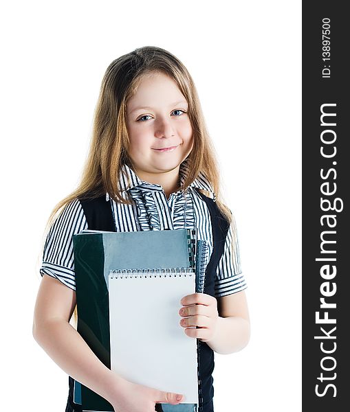 Cute schoolchild with notebooks on white background
