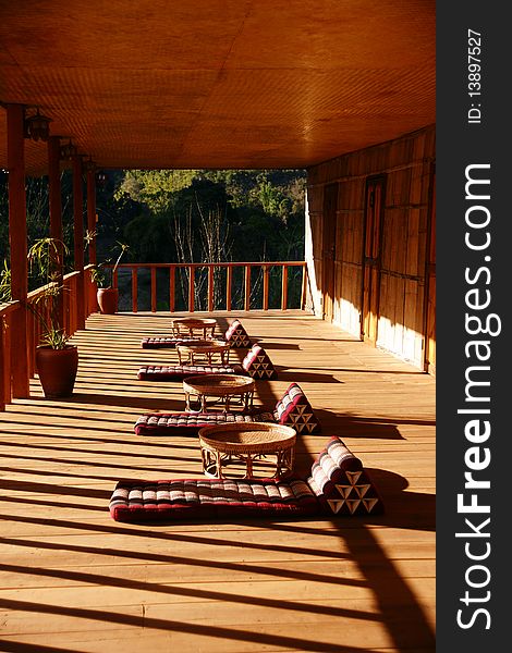 Wooden terrace decoration by pillow