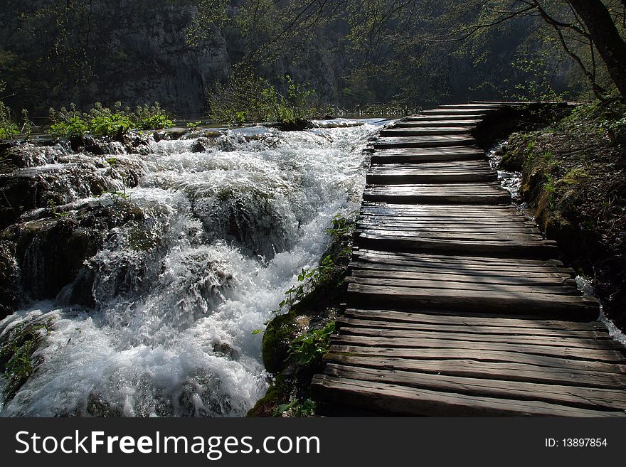 Wooden pathway in Plitvice Lakes national park in Croatia