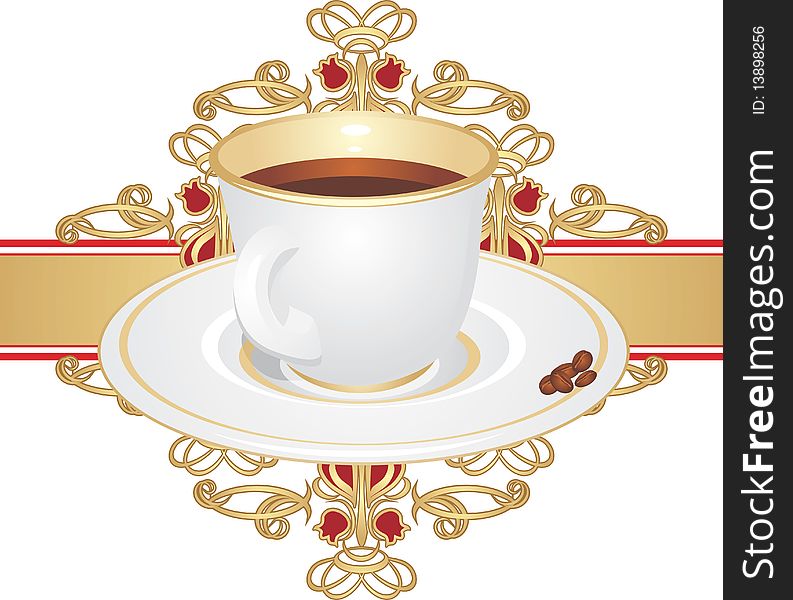 Cup with coffee and corns on the ornament