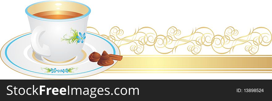 Cup with tea and candies on the golden ribbon. Illustration