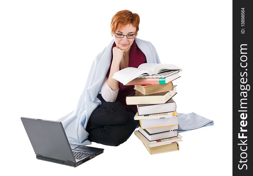 Girl With Books And Laptop