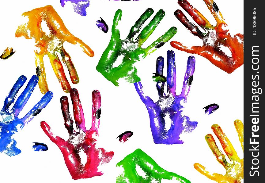 Photo of multi-colored handprints on white background. Photo of multi-colored handprints on white background