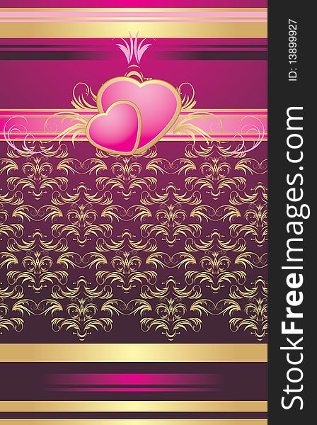 Two pink hearts with ornament. Background for wrapping. Illustration. Two pink hearts with ornament. Background for wrapping. Illustration