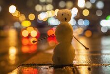 Funny Snowman Hitchhiker, Blurred Background. February Stock Photos
