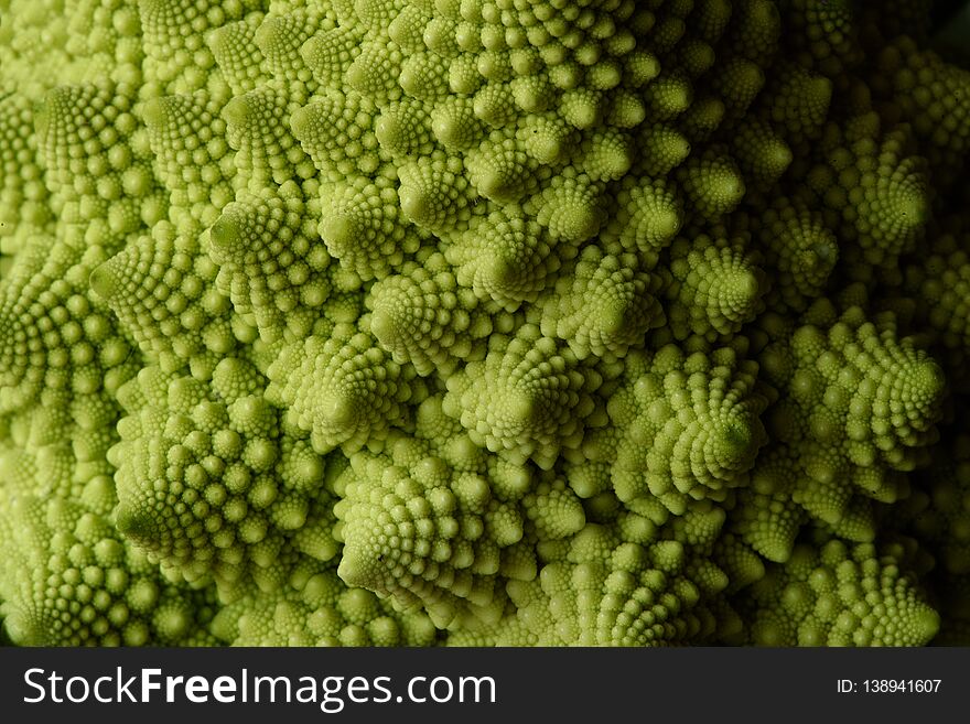 Romanesco cauliflower buds closeup, green vegetable background. Romanesco cauliflower buds closeup, green vegetable background