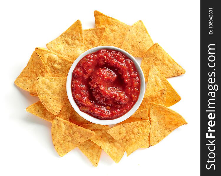 Corn chips nachos and salsa sauce isolated on white background, top view