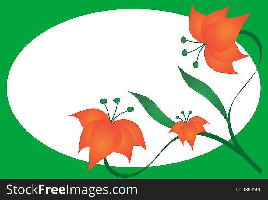 Three orange flowers and leaves border a green and white background. Three orange flowers and leaves border a green and white background.