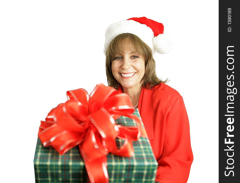 A cute woman with a Christmas gift for you.  Isolated on white. A cute woman with a Christmas gift for you.  Isolated on white.