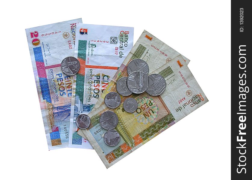 Cuban banknotes and small change on white background. Cuban banknotes and small change on white background