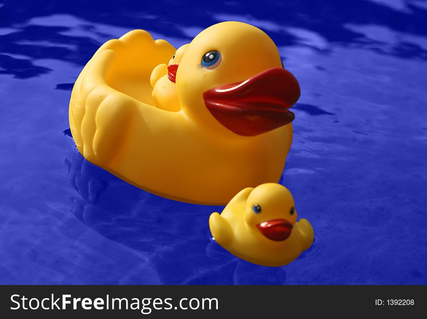 Yellow rubber duck family and blue water. (with clipping path). Yellow rubber duck family and blue water. (with clipping path)