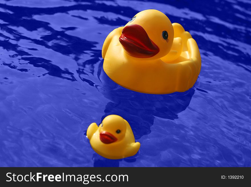 Yellow rubber duck family and blue water. (with clipping path). Yellow rubber duck family and blue water. (with clipping path)