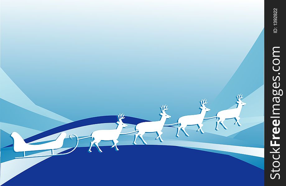Santa sleigh with raindears o blue waves background