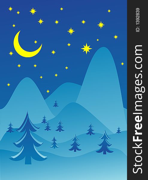 Blue winter night scene illustration with moon and stars