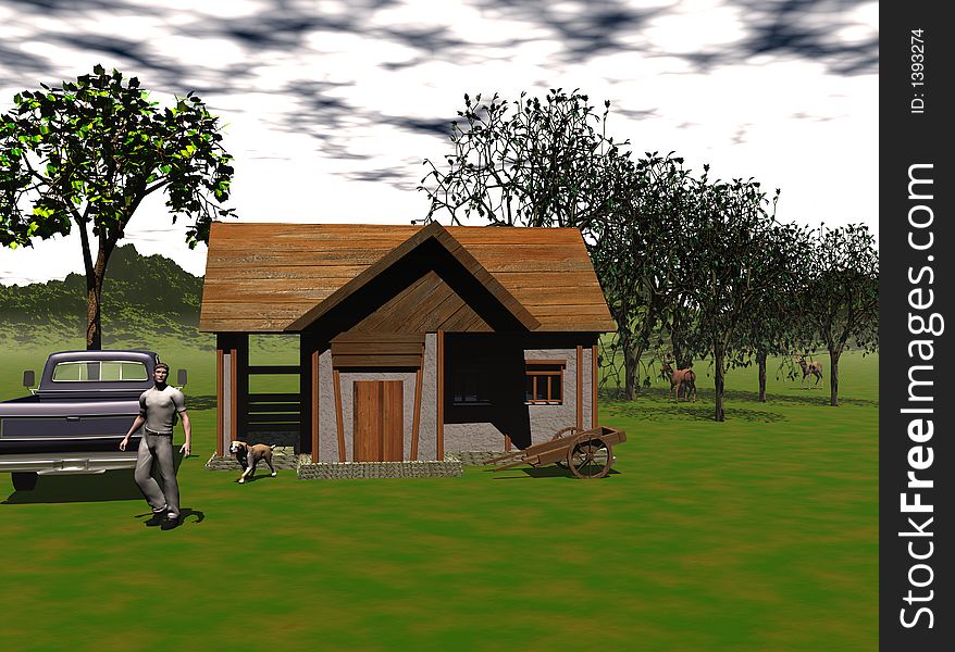 Computer generated illastration of a man and his dog at their mountain cabin.