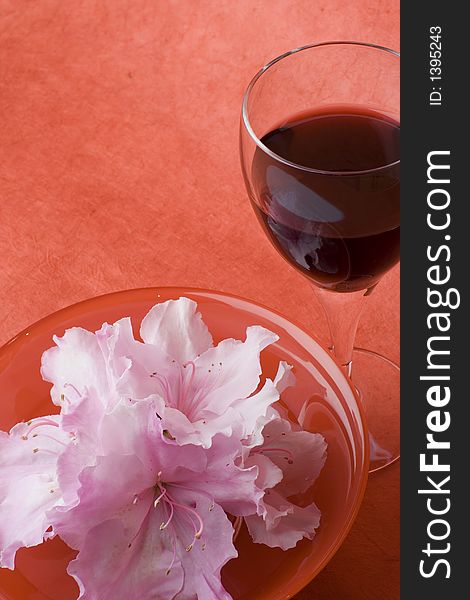 White Azaleas, red bowl, glass of wine