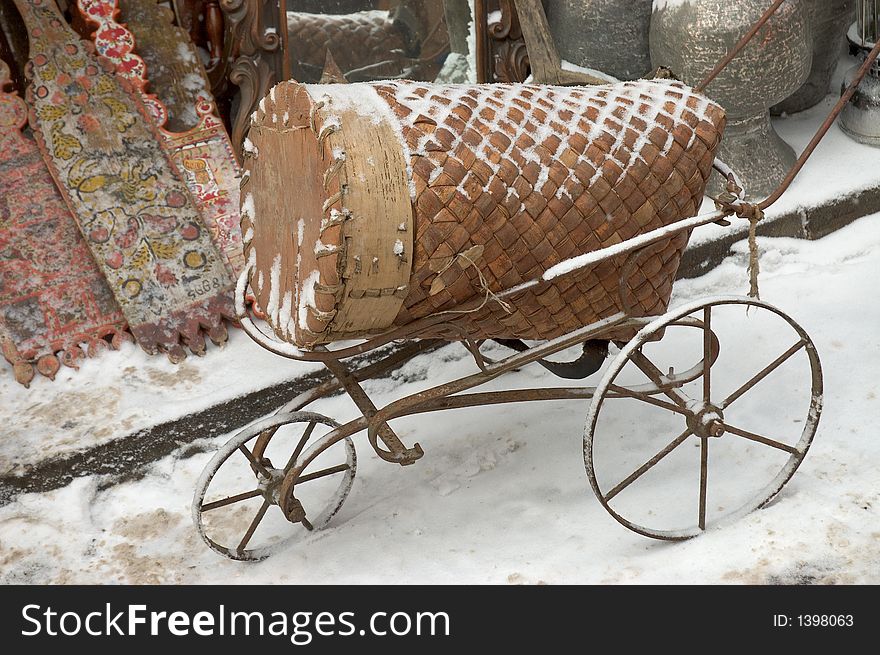 Old cart wheel carriage wood 19 century historic antique ancient winter russia. Old cart wheel carriage wood 19 century historic antique ancient winter russia