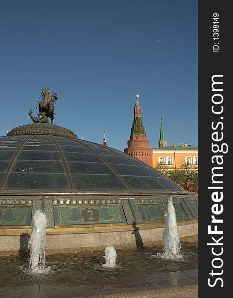 Moscow city fountain holiday summer red squiare water shine lantern clocks dome. Moscow city fountain holiday summer red squiare water shine lantern clocks dome