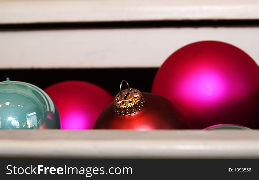 A cropped shot of christmastree decorations in a drawer. A cropped shot of christmastree decorations in a drawer