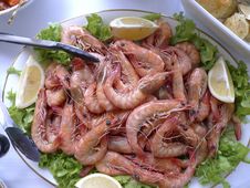 Fresh Prawns On Salad Leafs And Lemon Stock Photos Fresh Prawns On Salad Leafs And Lemon Stock Photos