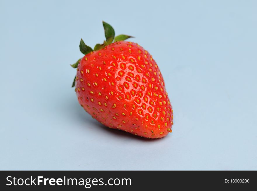 Light blue background of a single strawberry