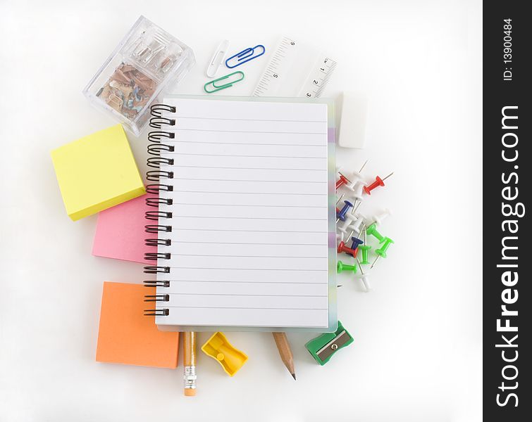 Stationery items on a white background