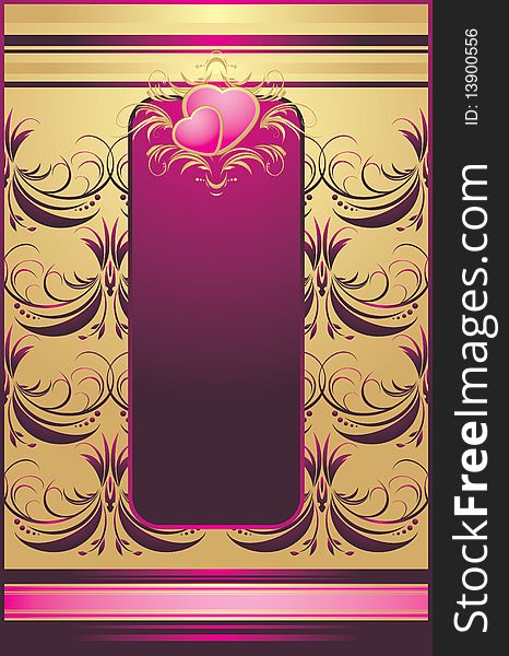 Pink hearts with golden ornament. Background for wrapping. Illustration