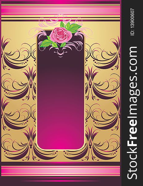 Pink rose with ornament on the decorative background. Illustration