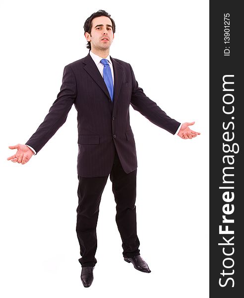 Young business man with open arms, in a white background