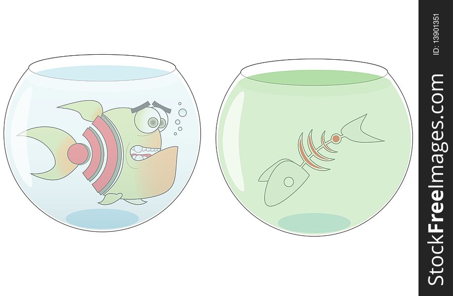 Small fish in aquarium, and skeleton. Vector illustration