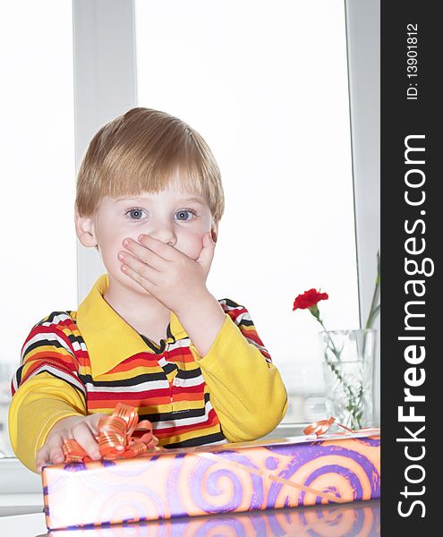 Portrait of the little boy with a gift box on a background. Portrait of the little boy with a gift box on a background