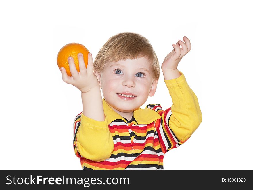 The child with an orange in a hand