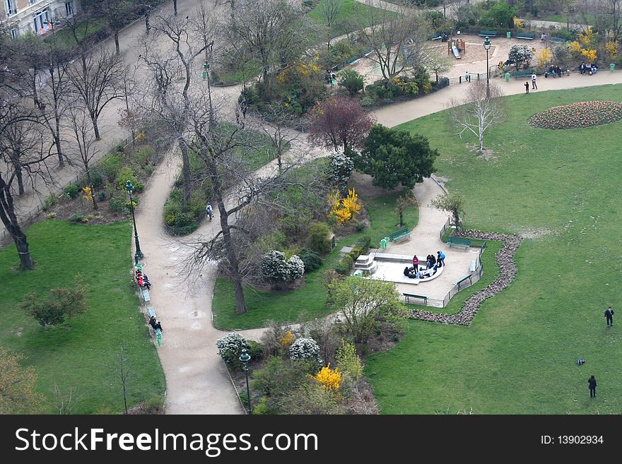 The gardens below the Eiffel Tower. The gardens below the Eiffel Tower