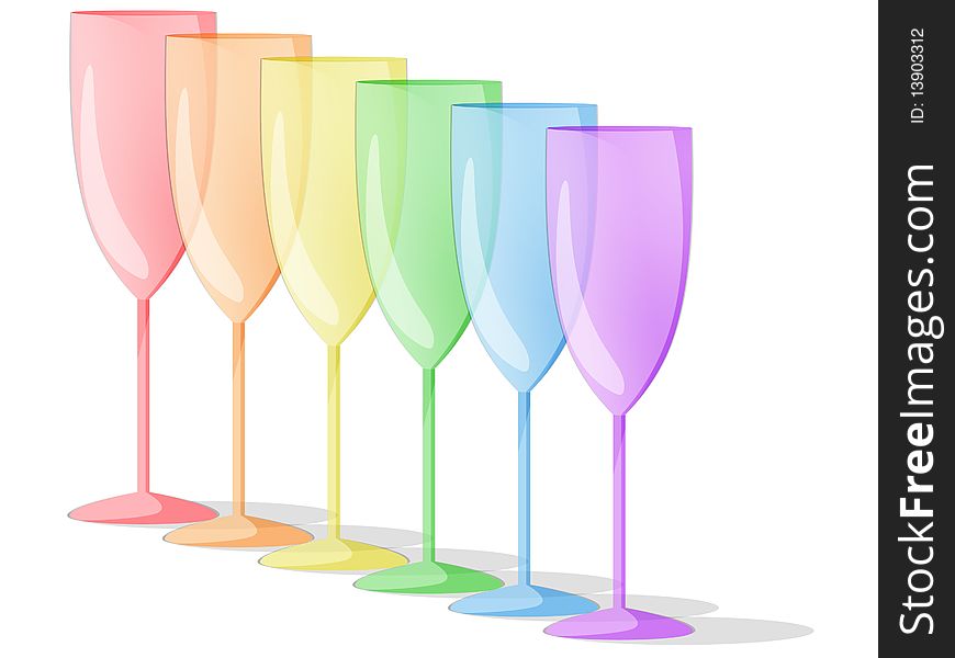 A row of rainbow glasses arranged diagonally. A row of rainbow glasses arranged diagonally