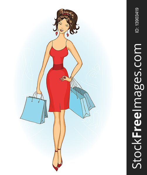 Modern shopping girl with shopping bags in red dress