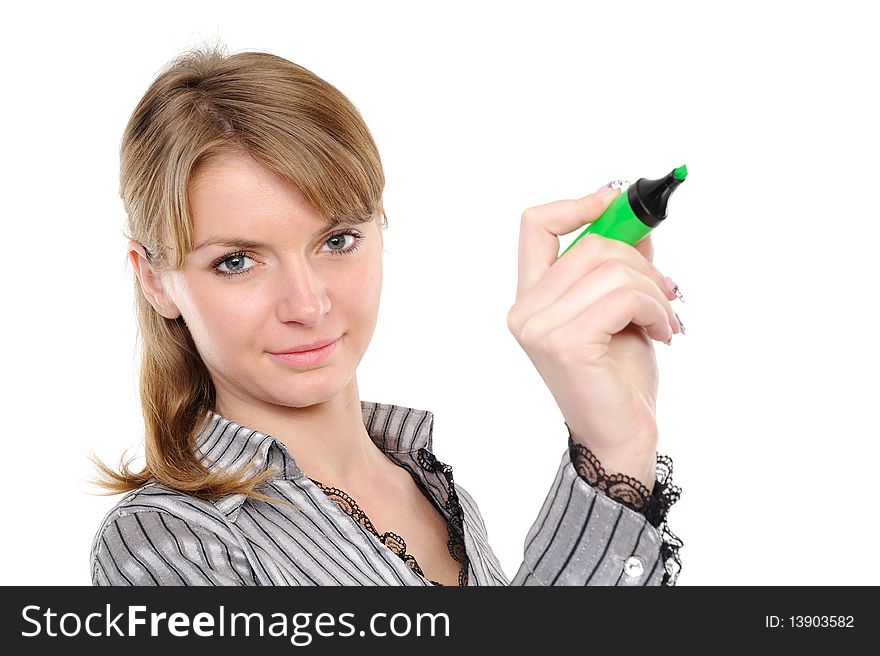 Business woman drawing something on screen with a pen - isolated over a white background. Business woman drawing something on screen with a pen - isolated over a white background