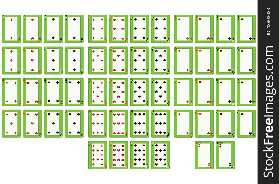 Fifty four playing cards, with a clear space in the middle. Fifty four playing cards, with a clear space in the middle