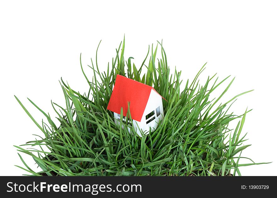 Small paper house with red roof standing on green grass. Isolated on white background with clipping path. Small paper house with red roof standing on green grass. Isolated on white background with clipping path