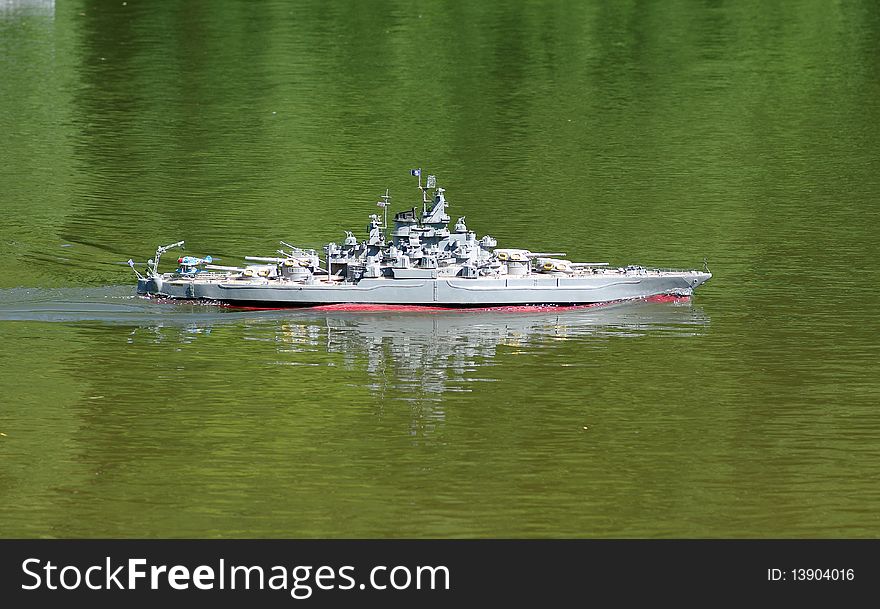 Battle ship, models on river. USA. Model of the Second World War. Battle ship, models on river. USA. Model of the Second World War.