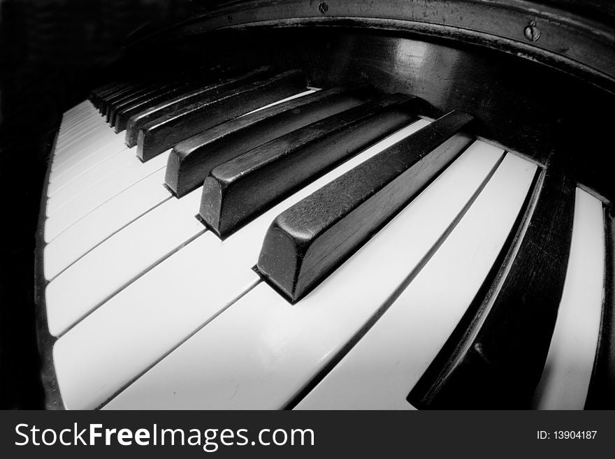 Fisheye shot taken of a piano keyboard